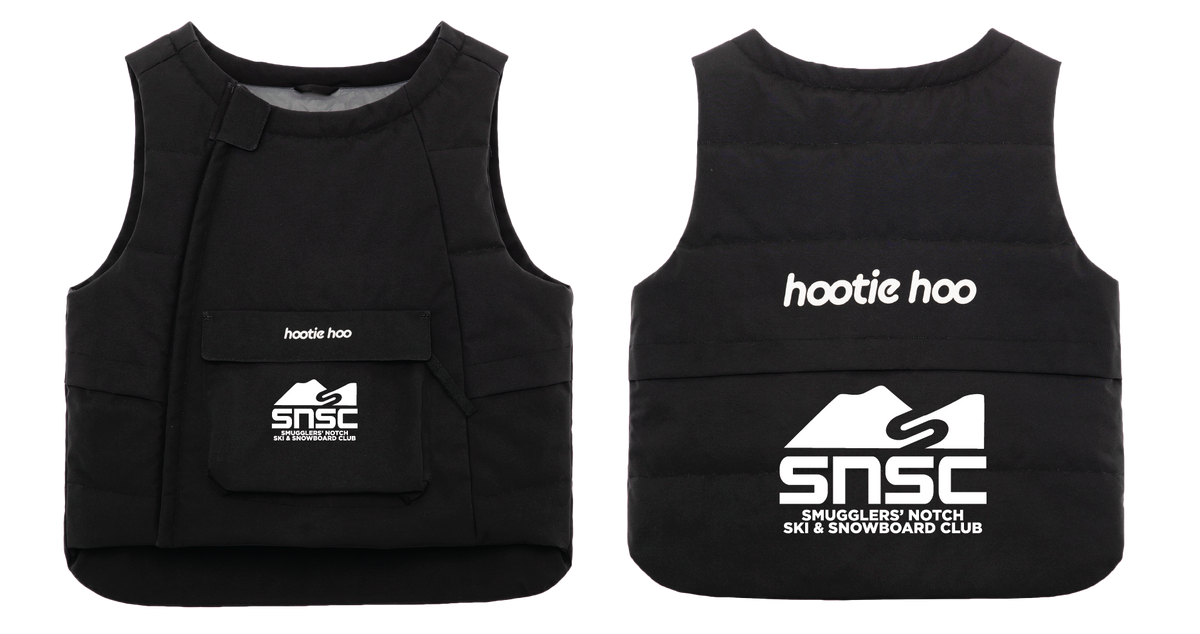 Kids Jet Insulated Vest in Raven Black with the SNSC logo on the front and back