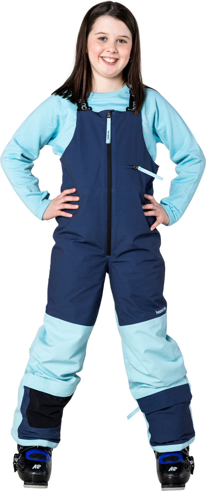 Hootie Hoo Kids Pinnakle Insulated Bib Snow Pants in Sea Blue/Turquoise — on-model lifestyle