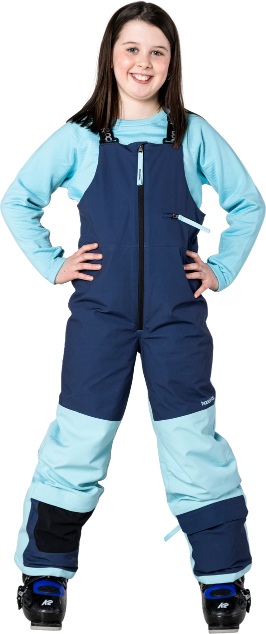 Hootie Hoo Kids Pinnakle Insulated Bib Snow Pants in Sea Blue/Turquoise — on-model lifestyle