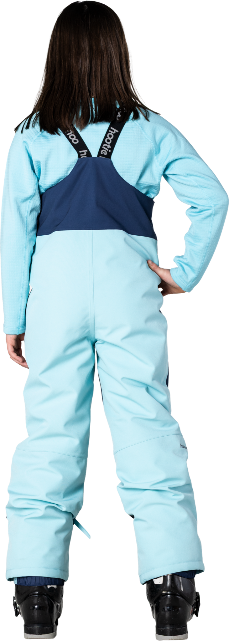 Hootie Hoo Kids Pinnakle Insulated Bib Snow Pants in Sea Blue/Turquoise — on-model lifestyle