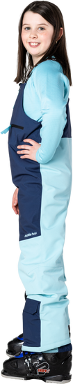 Hootie Hoo Kids Pinnakle Insulated Bib Snow Pants in Sea Blue/Turquoise — on-model lifestyle