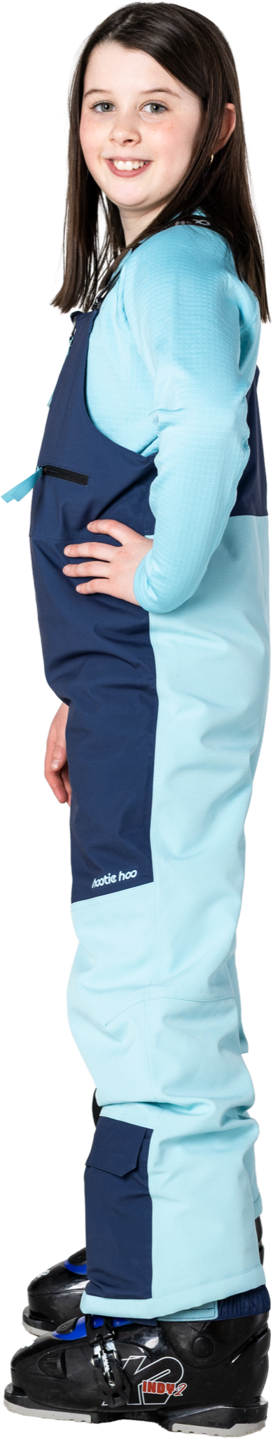Hootie Hoo Kids Pinnakle Insulated Bib Snow Pants in Sea Blue/Turquoise — on-model lifestyle