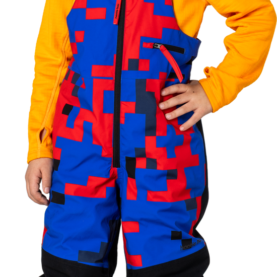 Hootie Hoo Kids Pinnakle Insulated Bib Snow Pants in Vivid Blue/Block Camo — on-model lifestyle