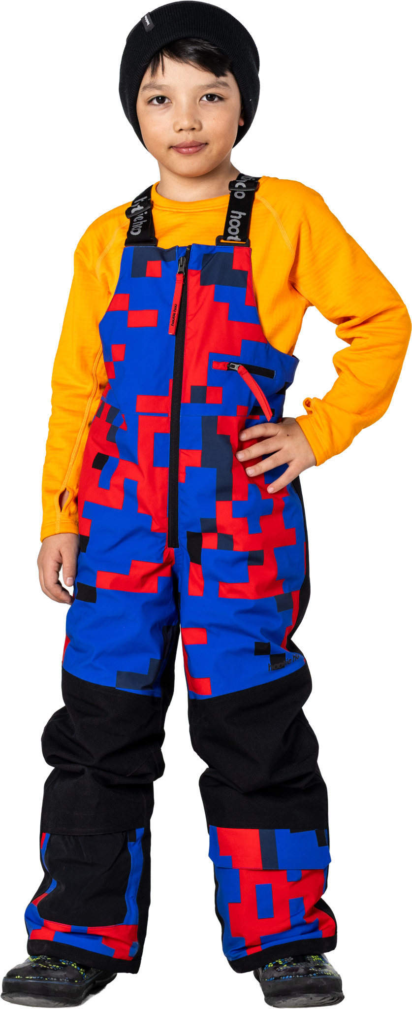 Hootie Hoo Kids Pinnakle Insulated Bib Snow Pants in Vivid Blue/Block Camo — on-model lifestyle