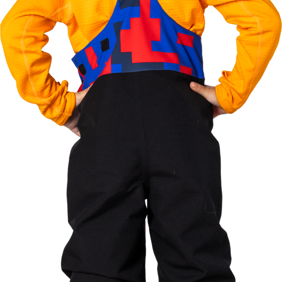 Hootie Hoo Kids Pinnakle Insulated Bib Snow Pants in Vivid Blue/Block Camo — on-model lifestyle