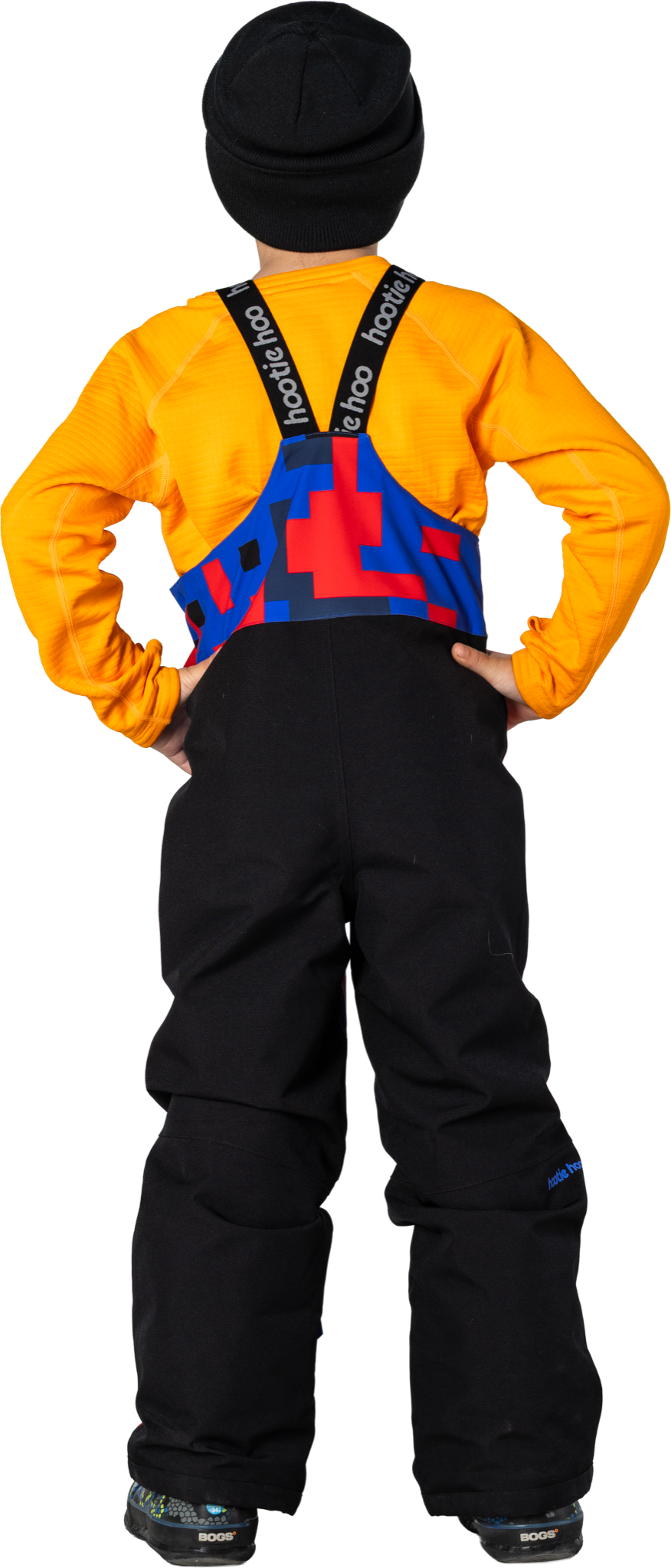 Hootie Hoo Kids Pinnakle Insulated Bib Snow Pants in Vivid Blue/Block Camo — on-model lifestyle