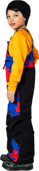 Hootie Hoo Kids Pinnakle Insulated Bib Snow Pants in Vivid Blue/Block Camo — on-model lifestyle