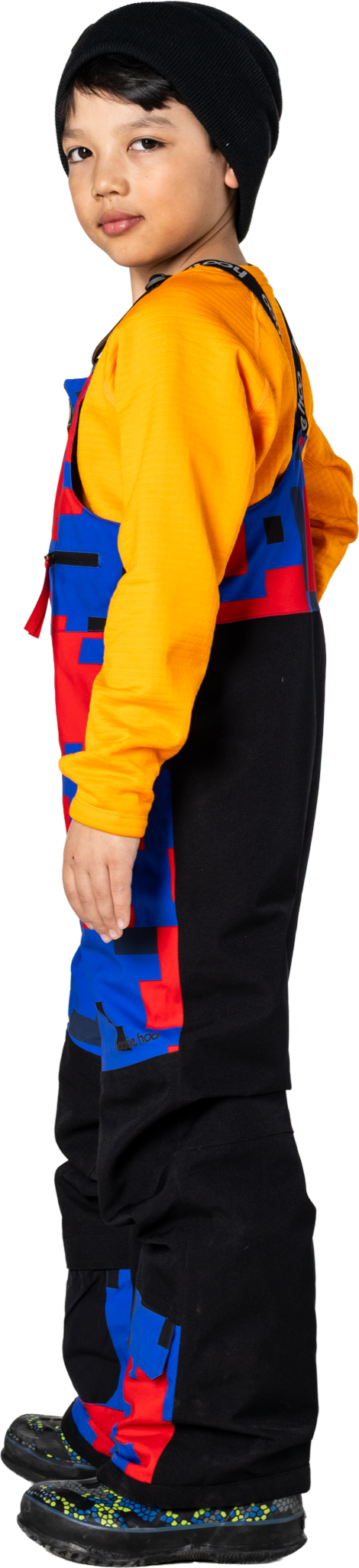 Hootie Hoo Kids Pinnakle Insulated Bib Snow Pants in Vivid Blue/Block Camo — on-model lifestyle