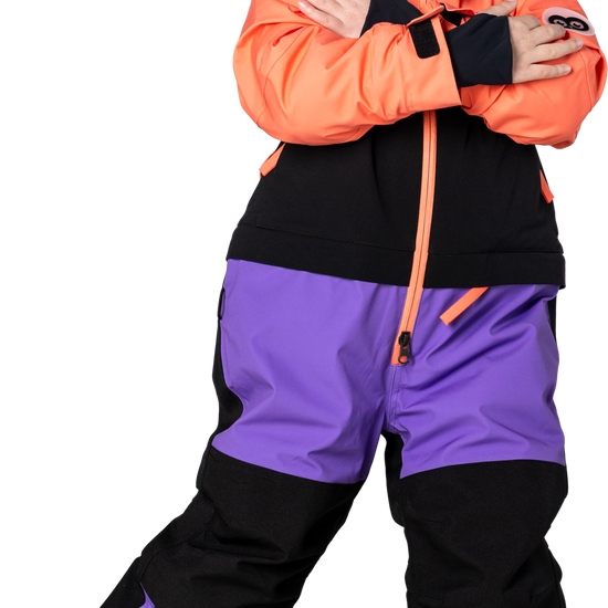 Hootie Hoo Kids Vista Insulated Snowsuit in Coral/Raven Black/Grape — on-model lifestyle