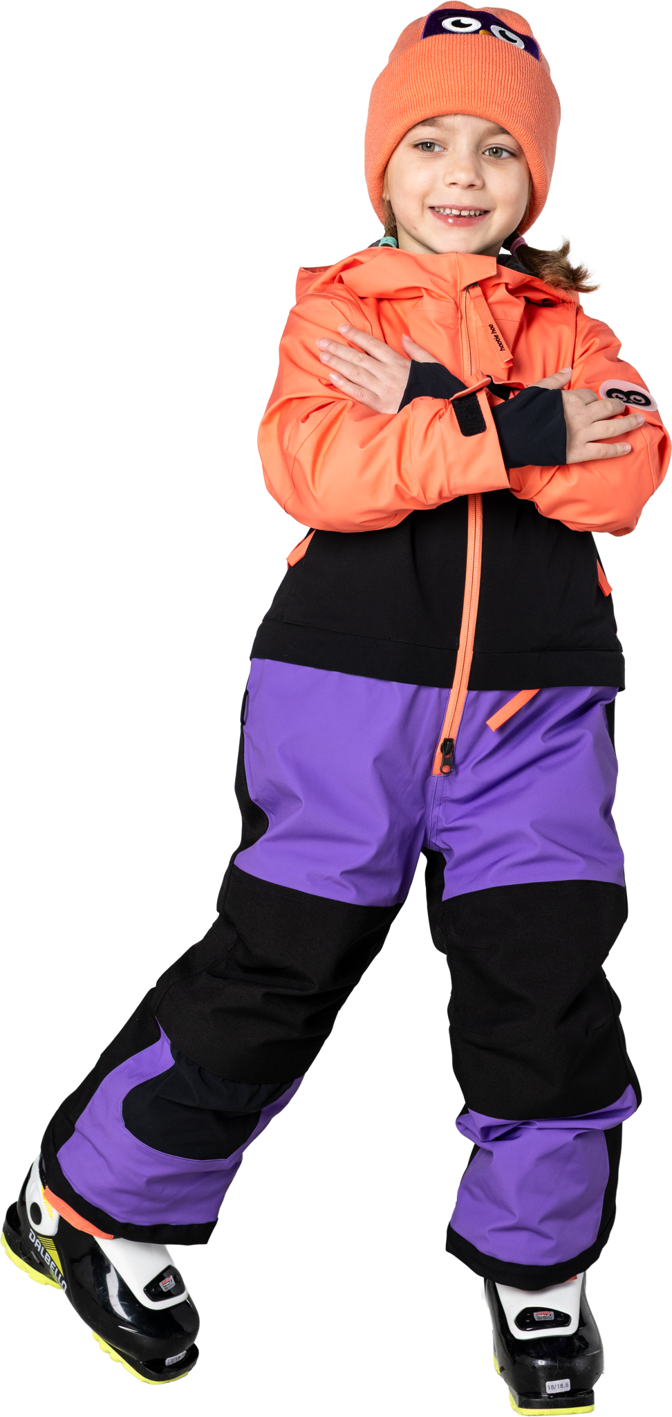 Hootie Hoo Kids Vista Insulated Snowsuit in Coral/Raven Black/Grape — on-model lifestyle