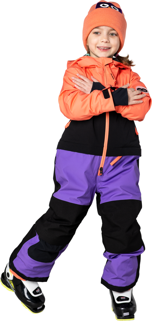 Hootie Hoo Kids Vista Insulated Snowsuit in Coral/Raven Black/Grape — on-model lifestyle