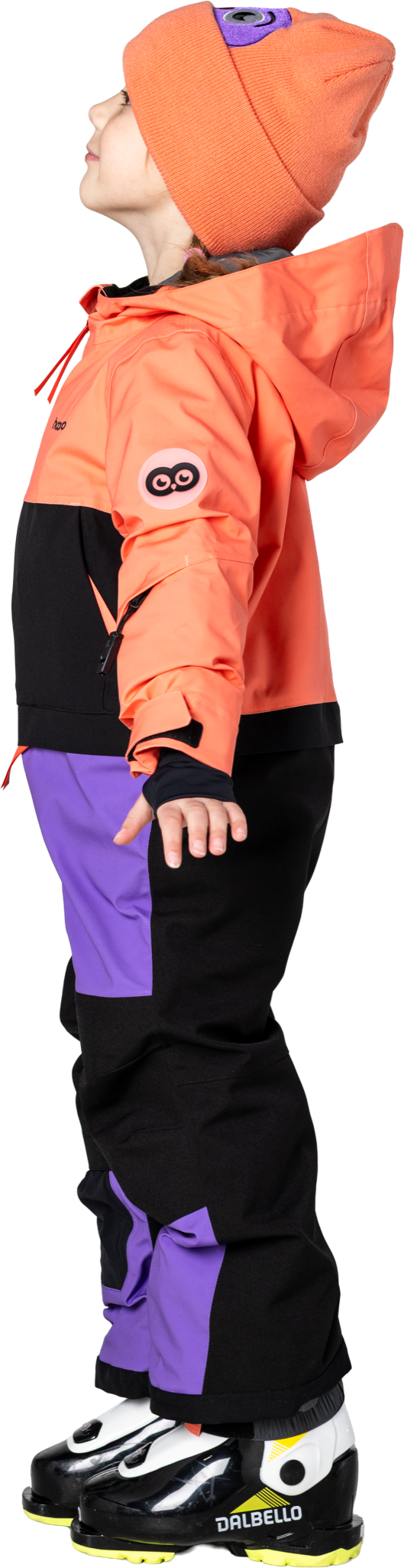 Hootie Hoo Kids Vista Insulated Snowsuit in Coral/Raven Black/Grape — on-model lifestyle