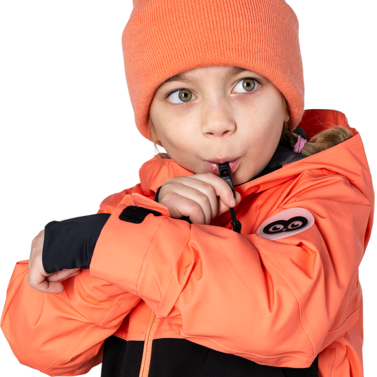 Hootie Hoo Kids Vista Insulated Snowsuit in Coral/Raven Black/Grape — on-model lifestyle