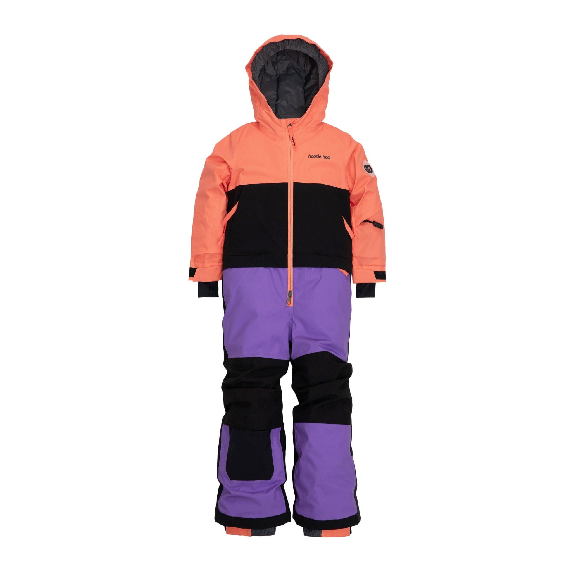 Hootie Hoo Kids Vista Insulated Snowsuit in Coral/Raven Black/Grape — front view